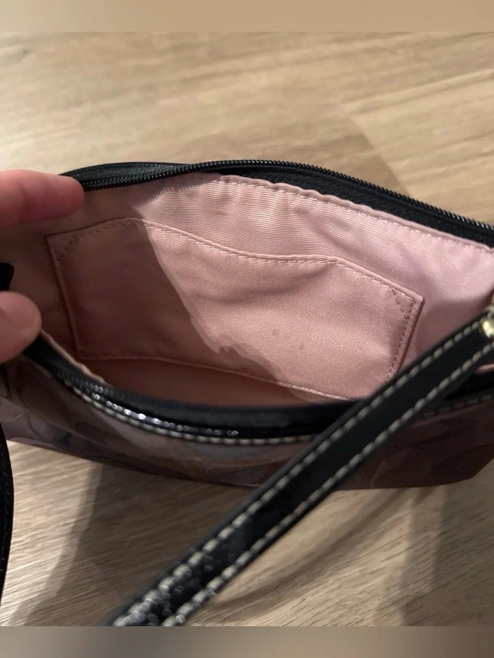 Coach Dark Brown Stripe Round Wristlet